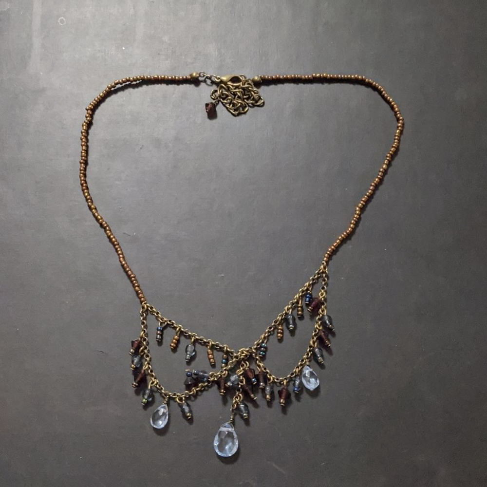 Copper Tone Blue and Purple Beaded Bib Choker Statement Necklace
